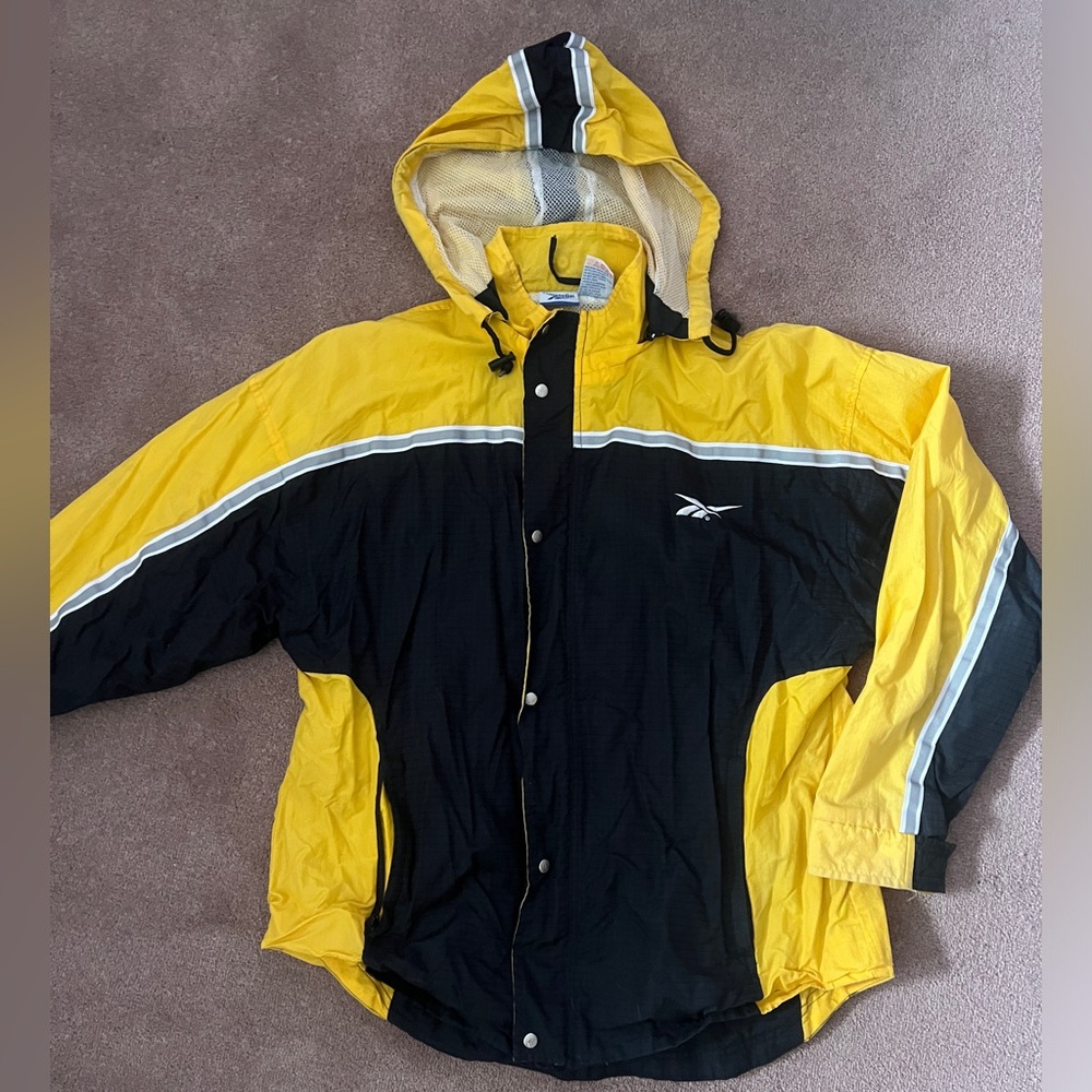 Vintage Reebok Yellow and Black Hooded Shell Windbreaker